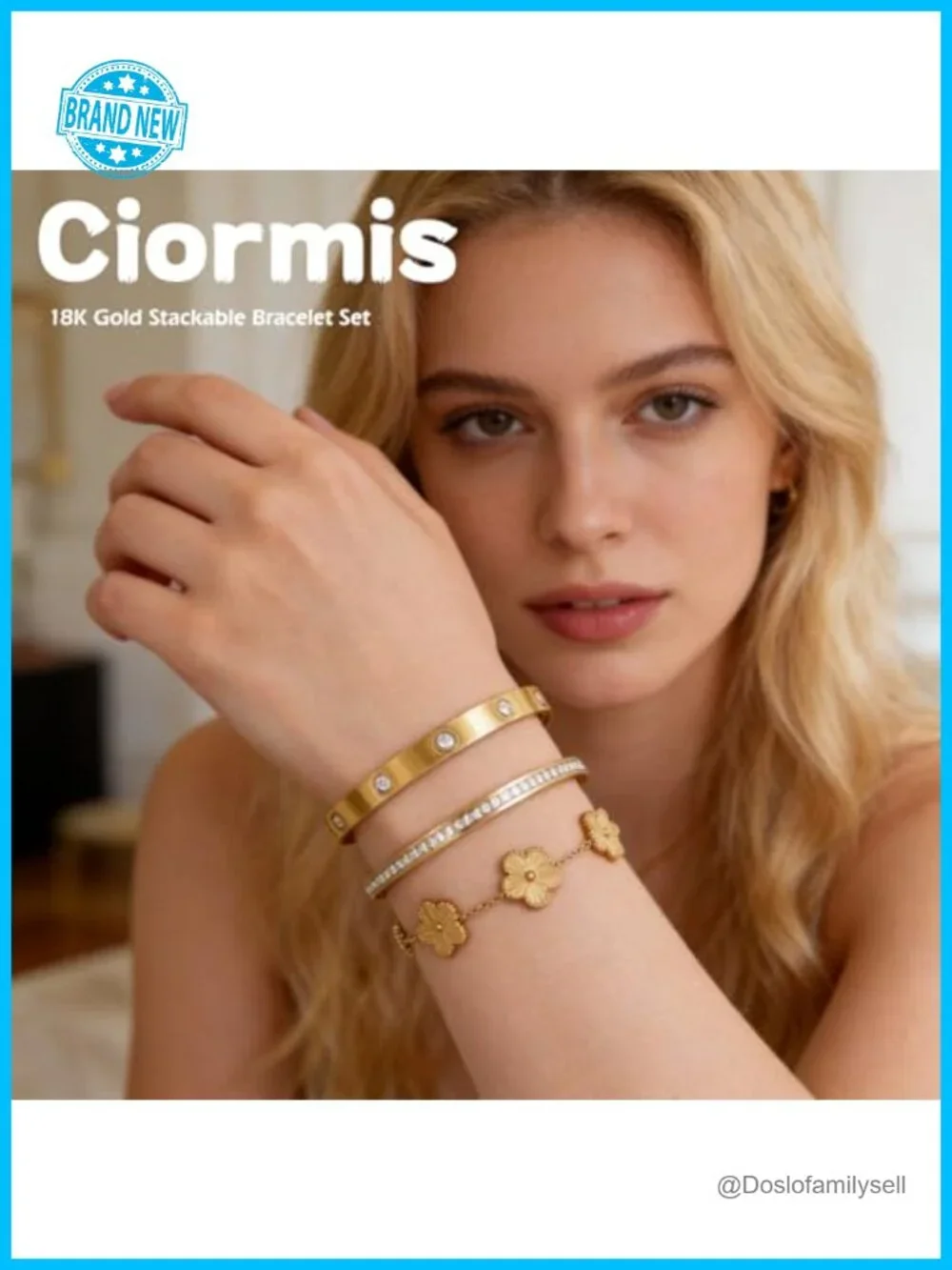 18K Gold Plated Bangle Bracelet Set Stackable Gold Clover Women